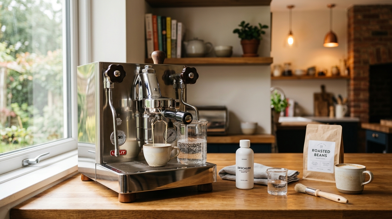 Espresso machine next to a bottle of descaling solution and a jug of water on a kitchen counter
