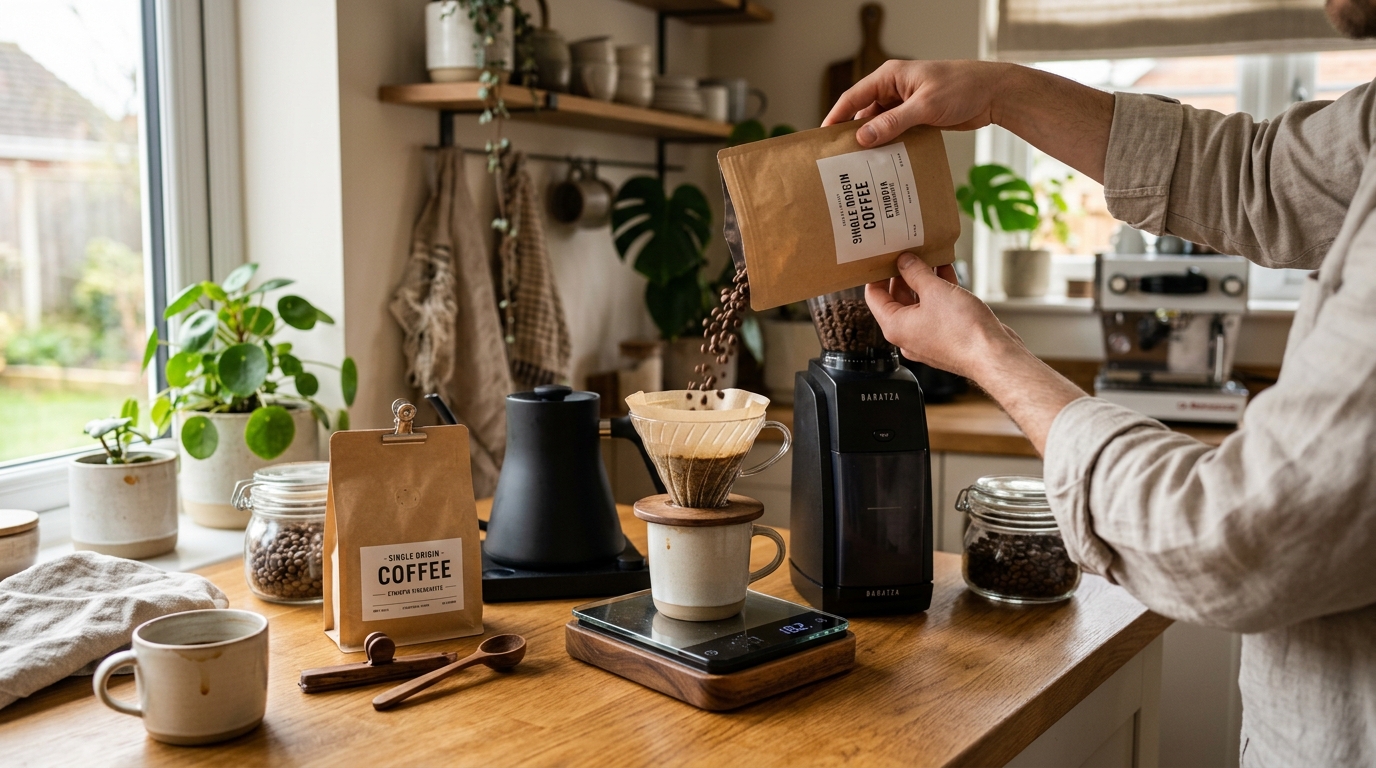 Fresh bag of espresso beans next to a grinder and espresso scale ready for dialing in a new coffee bag