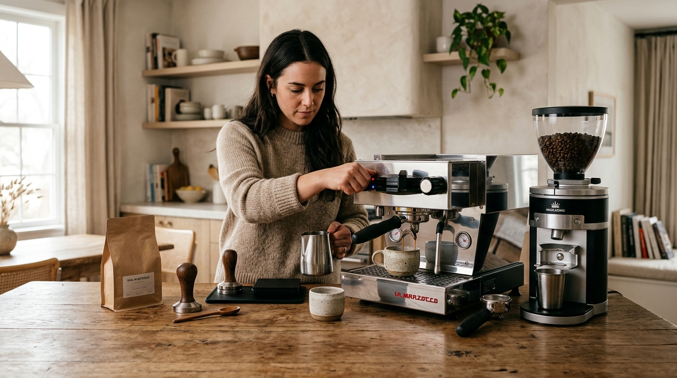 Barista adjusting a grinder dial while an espresso shot extracts into a glass on a scale, showing the dial-in process