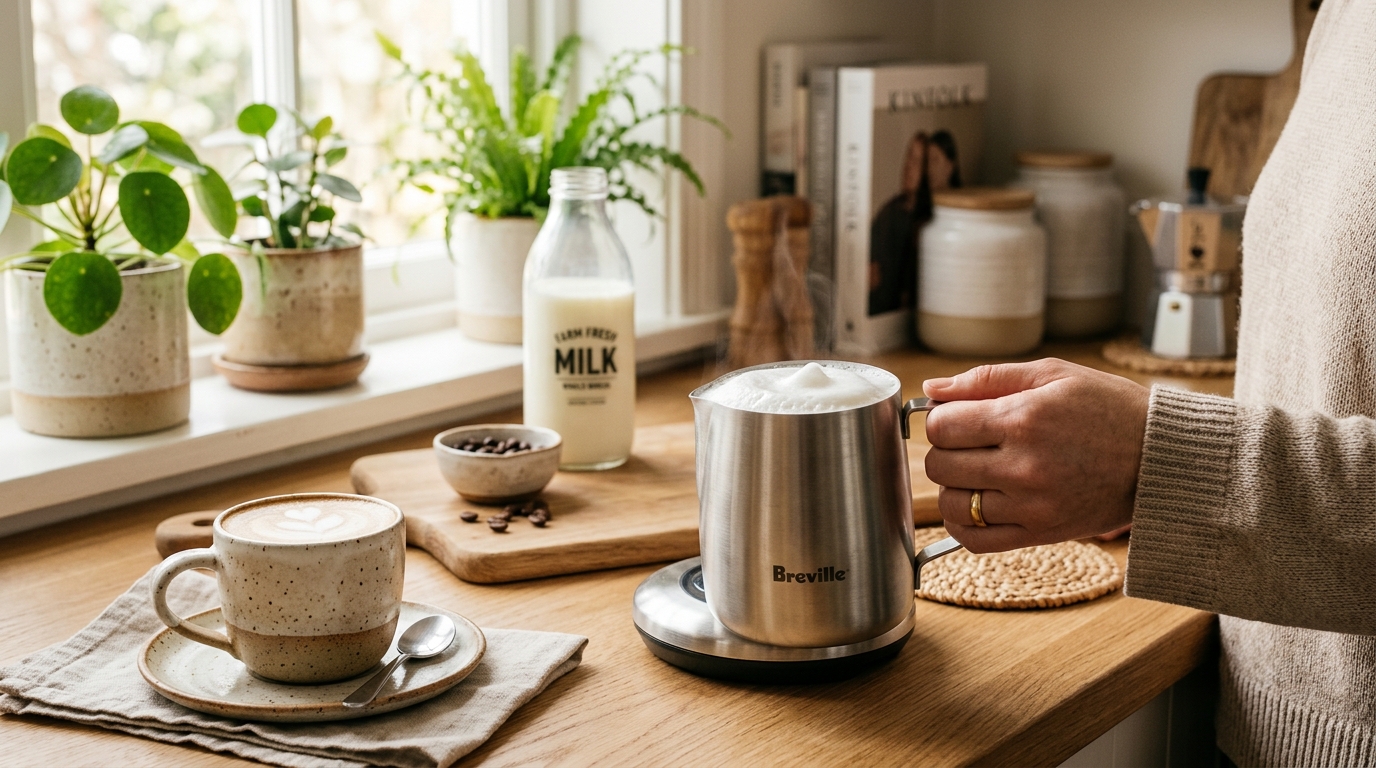 Barista steaming milk in a stainless pitcher with an espresso machine steam wand, creating dense microfoam