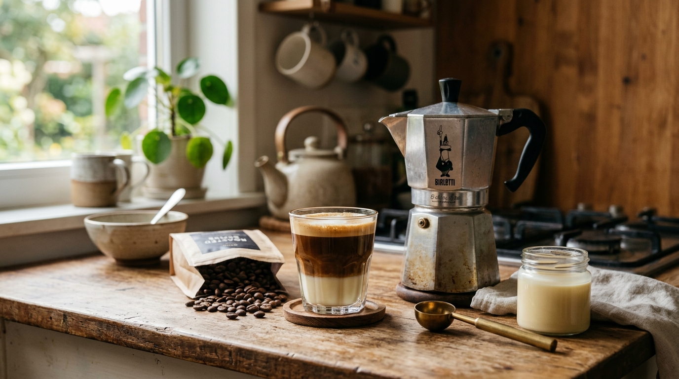 Café bombón in a clear espresso glass showing distinct layers of sweetened condensed milk below and dark espresso above on a wooden surface