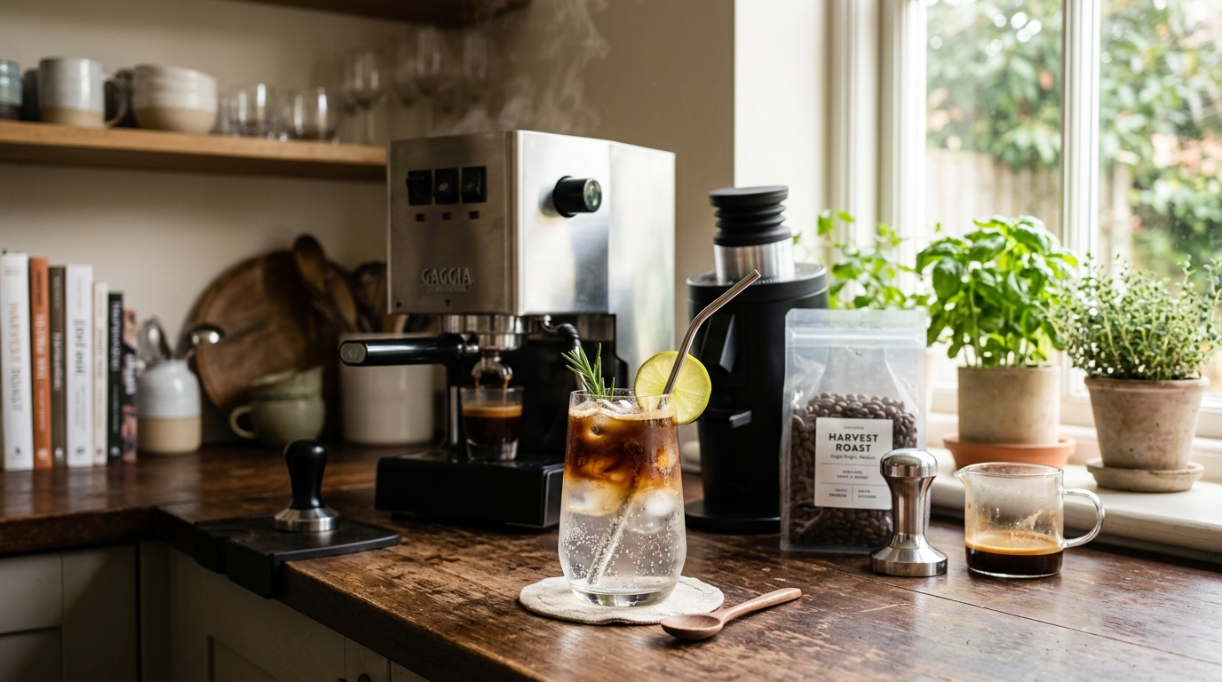 Espresso tonic in a tall glass with ice, dark espresso floating over bubbling tonic water, garnished with a lemon slice on a marble countertop