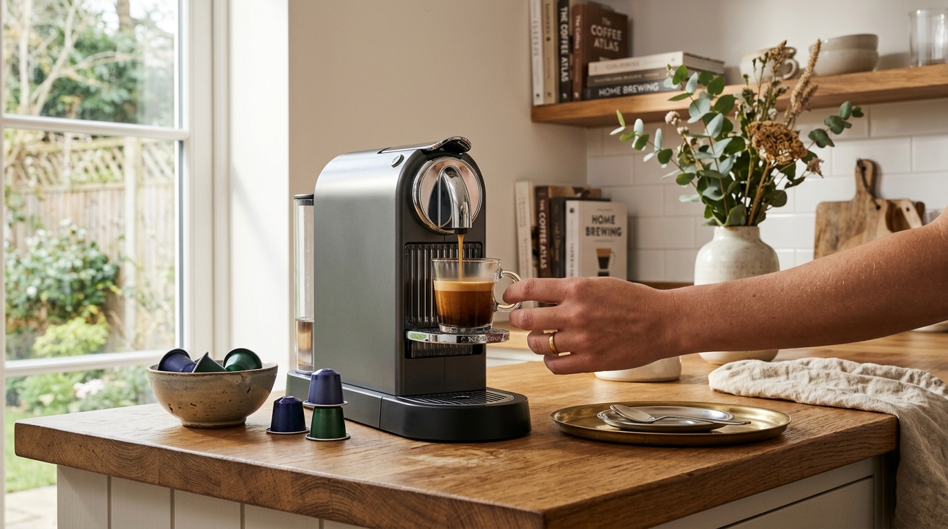 A lungo served in a clear glass espresso cup showing the lighter, longer shot with golden crema on top