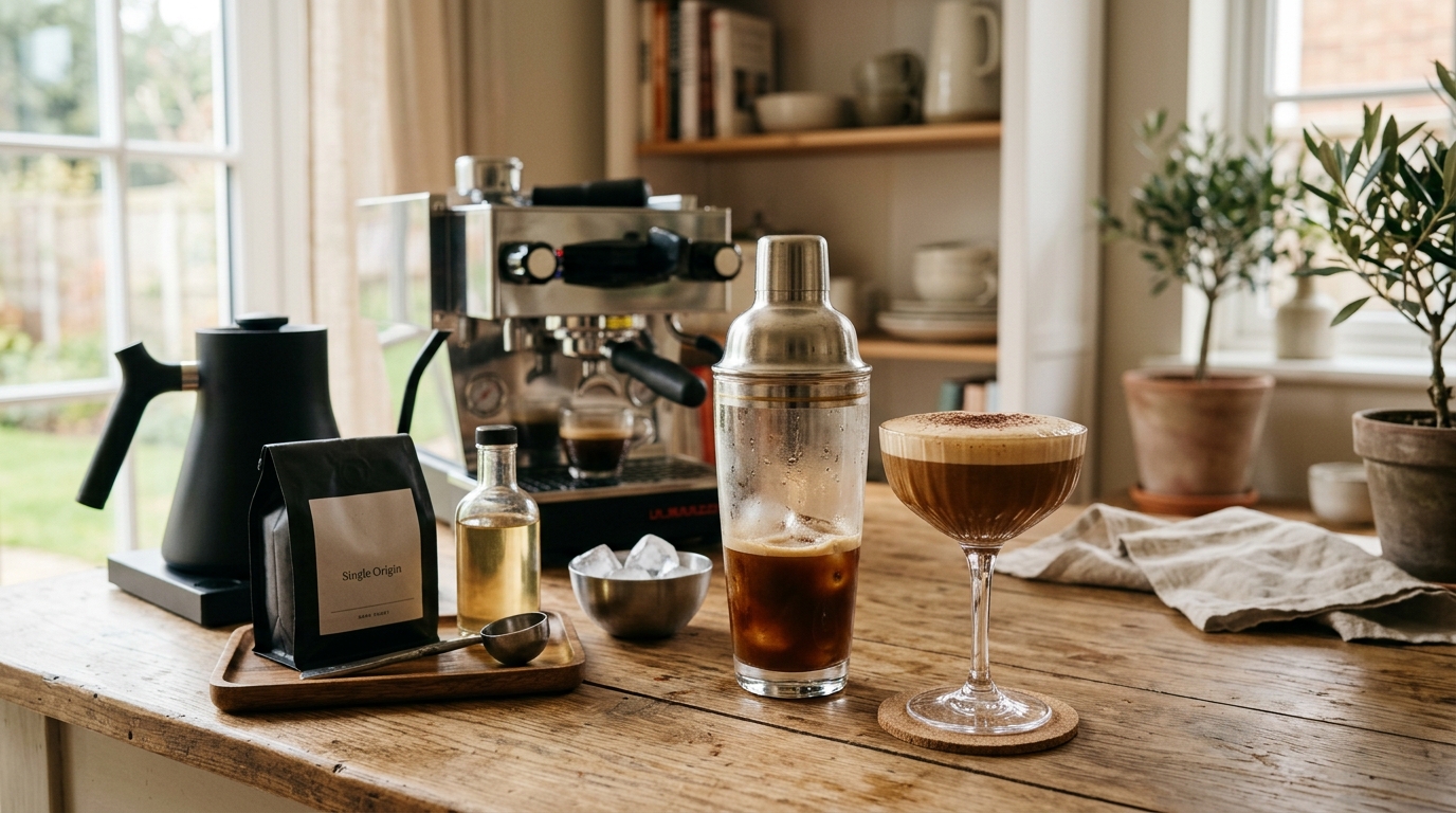 A frothy espresso shakerato served in a coupe glass on a marble surface with a cocktail shaker in the background