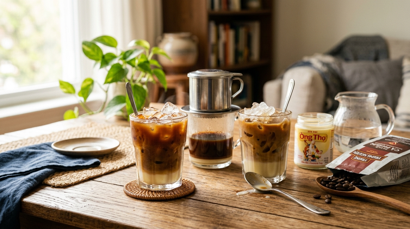 Glass of Vietnamese iced coffee with sweetened condensed milk dripping through a stainless phin filter over ice