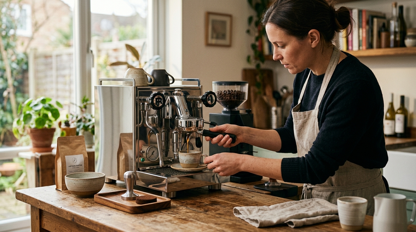 Hands pulling an espresso shot into a demitasse on a scale, rich golden crema flowing from a bottomless portafilter
