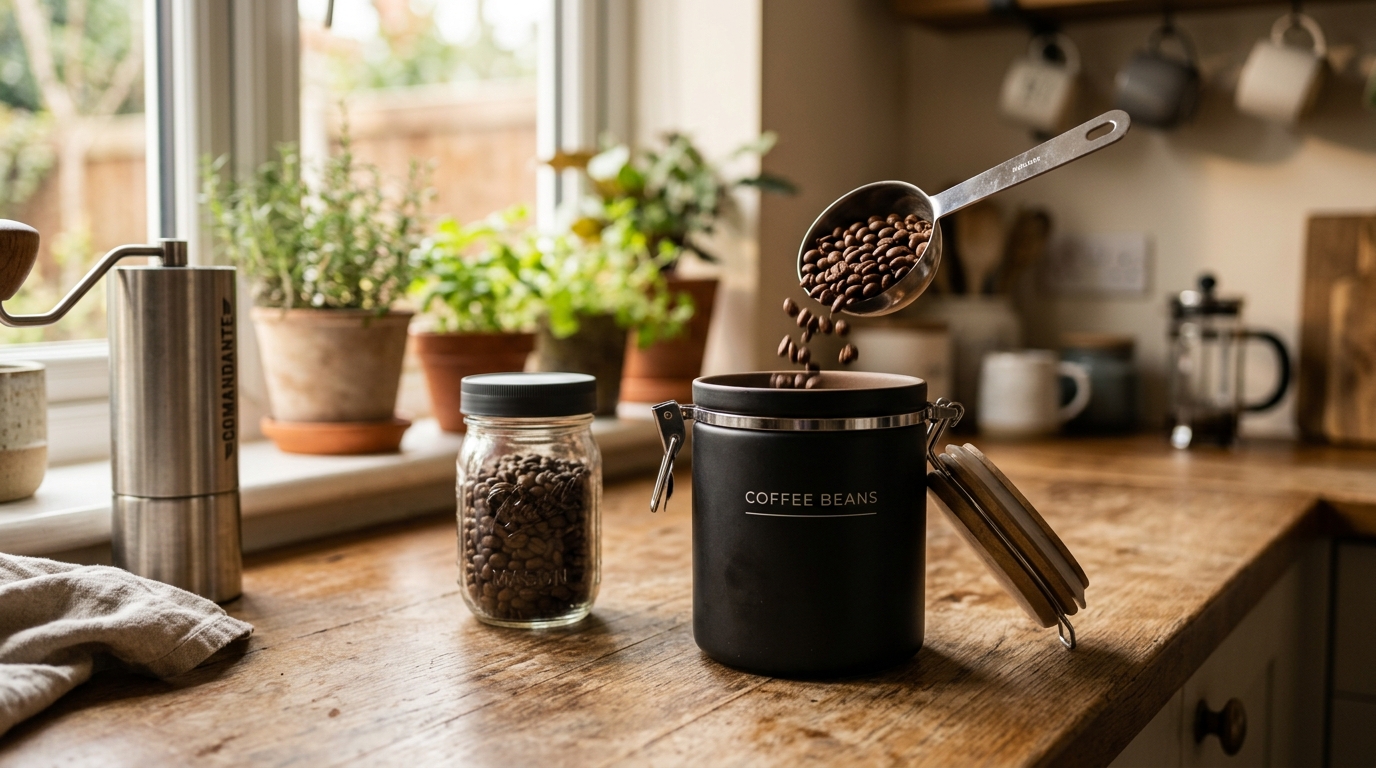 Freshly roasted coffee beans in a matte black airtight canister on a kitchen counter next to an espresso machine