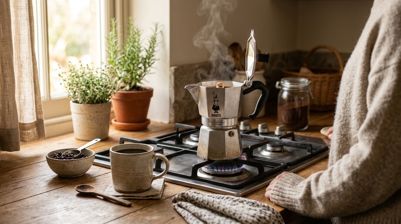 Stovetop moka pot on a gas burner with dark espresso flowing into the upper chamber