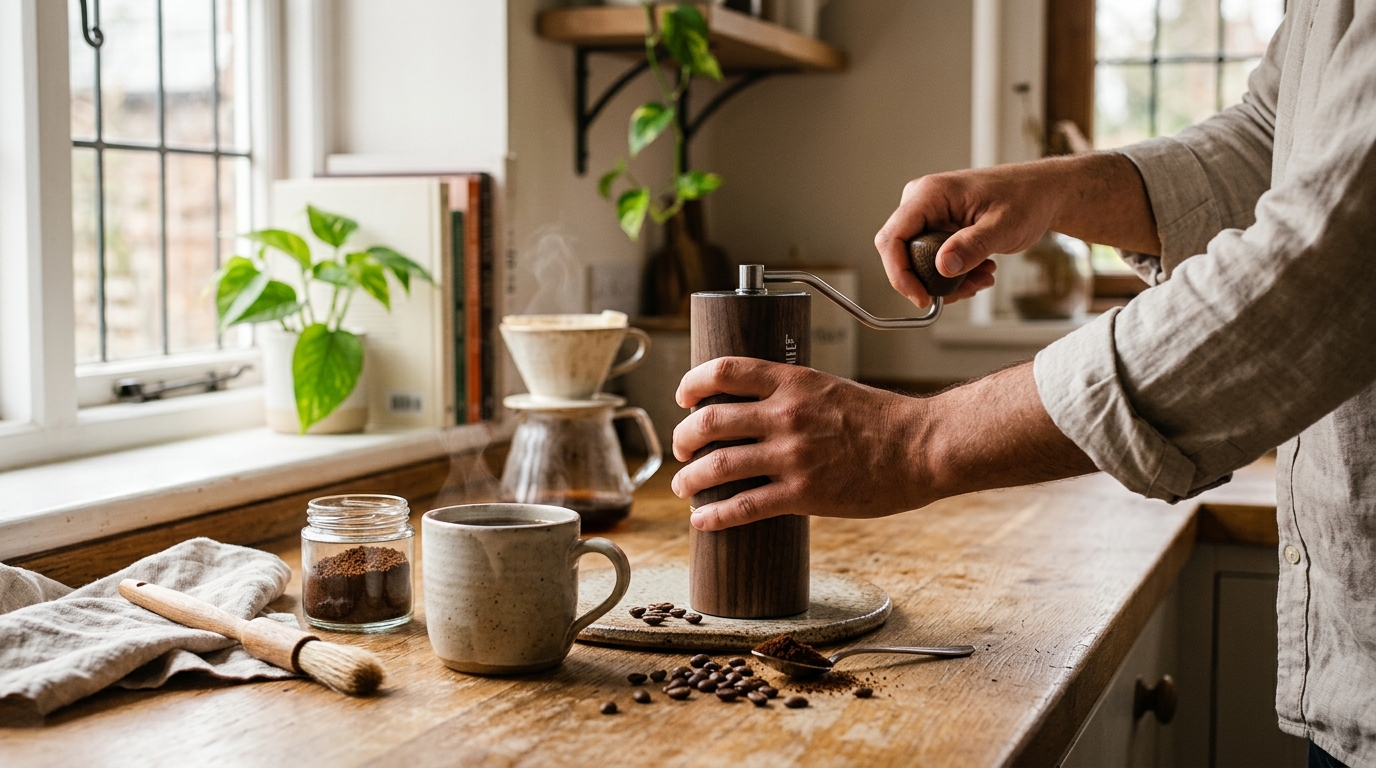 Four manual hand coffee grinders lined up beside a pour-over dripper and fresh coffee beans on a light wood counter