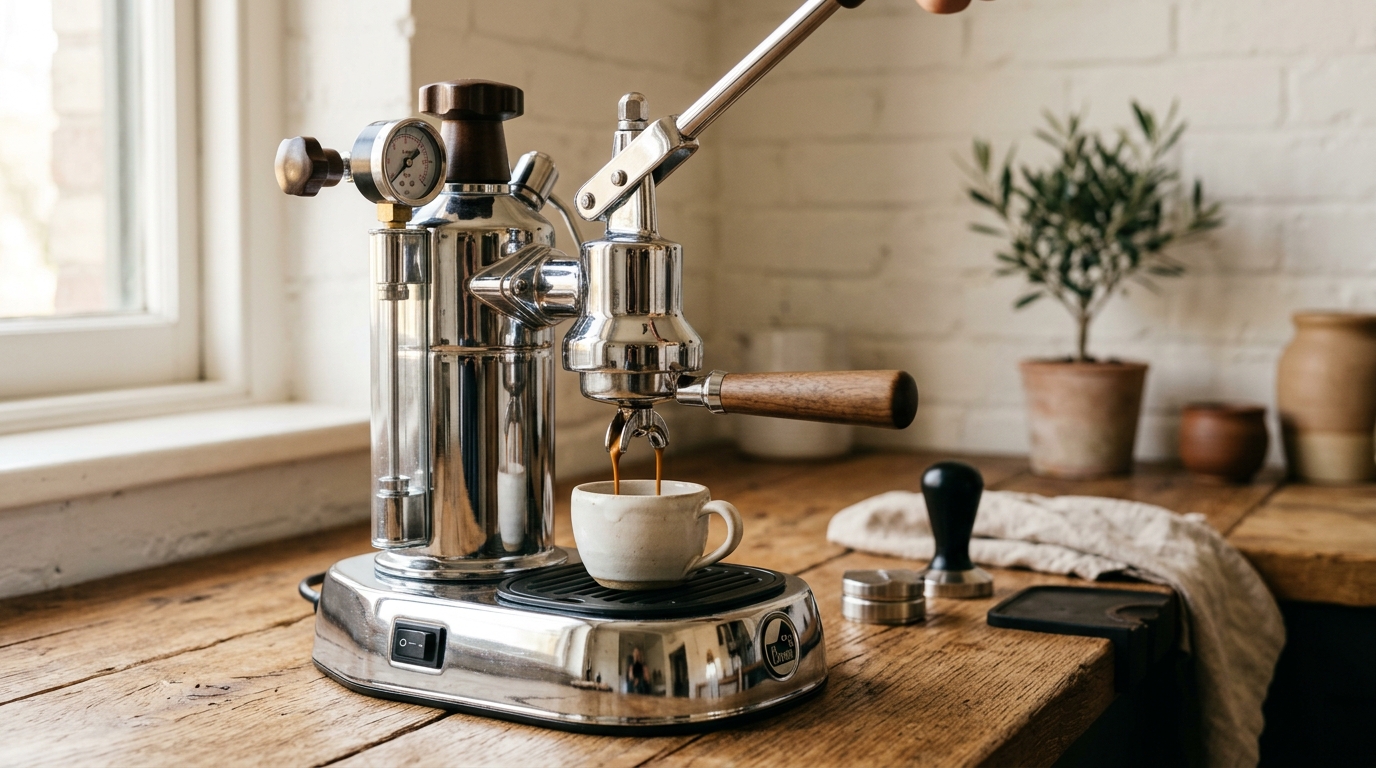 Manual lever espresso maker pulling a shot into a small glass cup