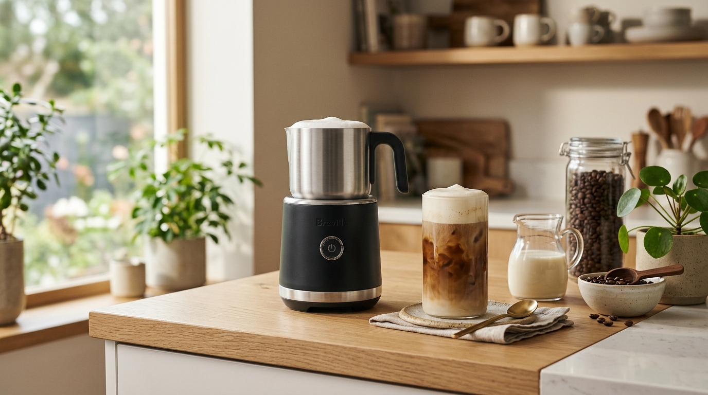 Tall glass of iced cold brew coffee topped with a thick layer of white cold foam, with a handheld frother resting beside it on a marble countertop