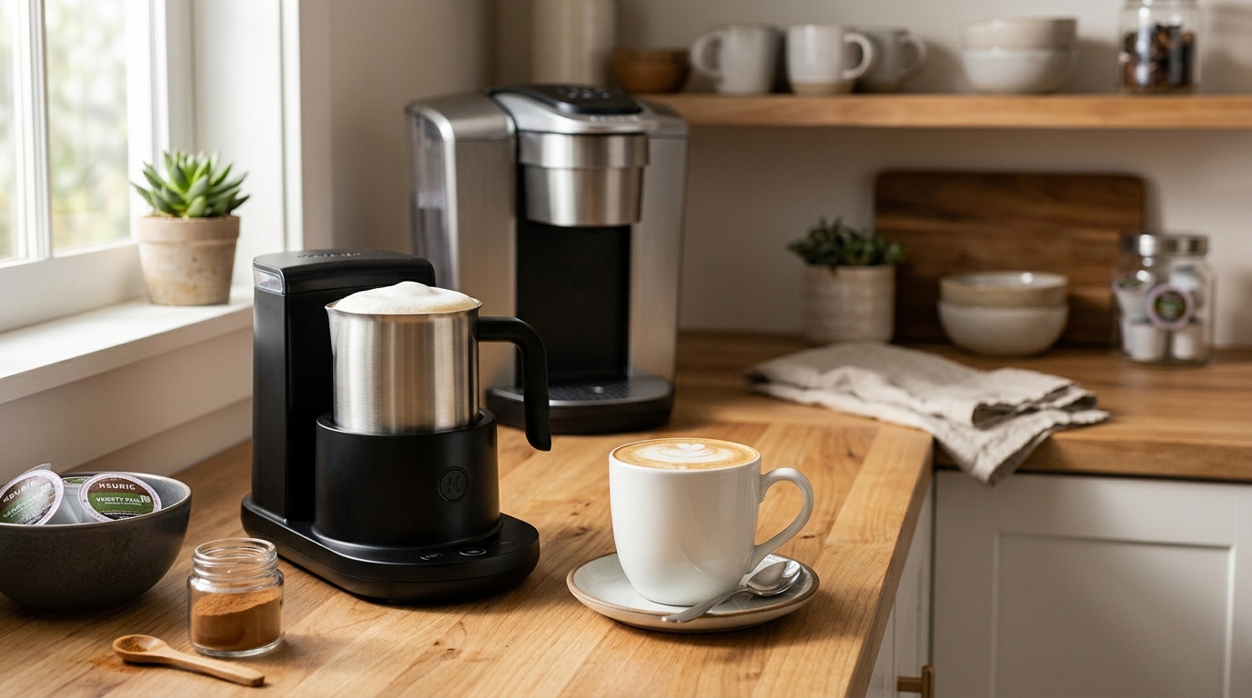 Keurig coffee machine on a kitchen counter alongside an electric milk frother and a freshly made latte