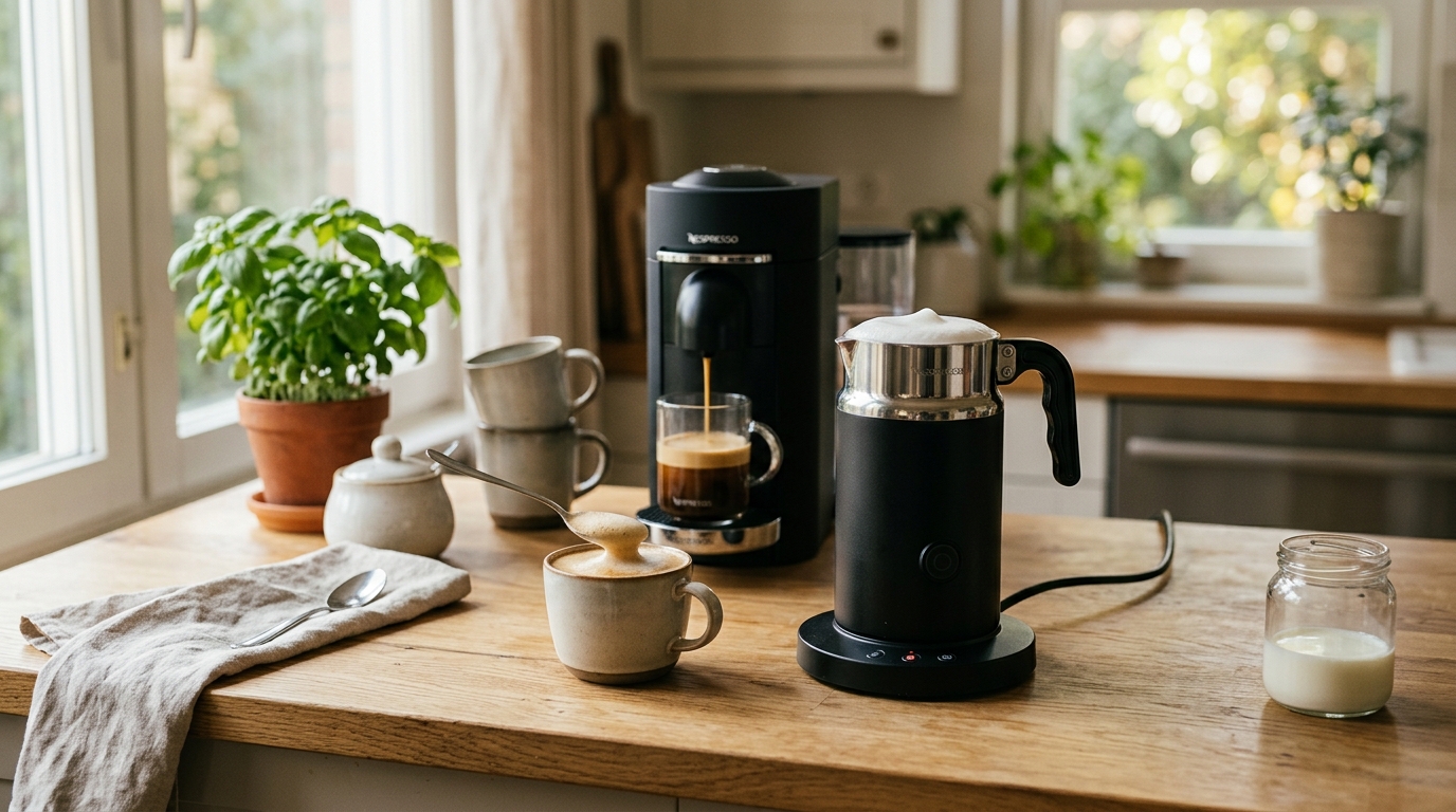 Nespresso machine alongside a milk frother with a freshly made latte on a wooden counter