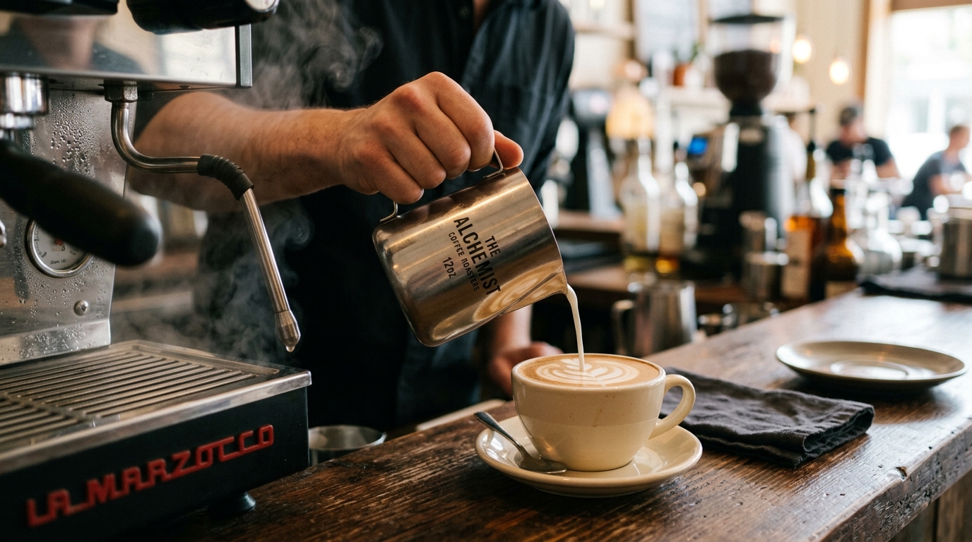 Steamed milk being poured from a stainless pitcher into a cappuccino cup with latte art forming on top