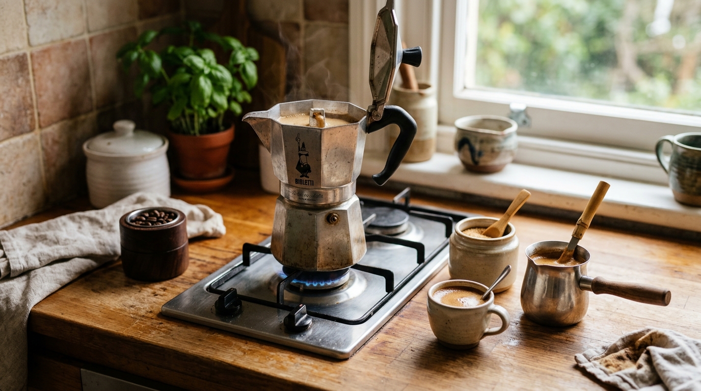 Small aluminum moka pot on a gas burner beside a demitasse cup of dark Cuban cafecito with a light-brown sugar foam on top