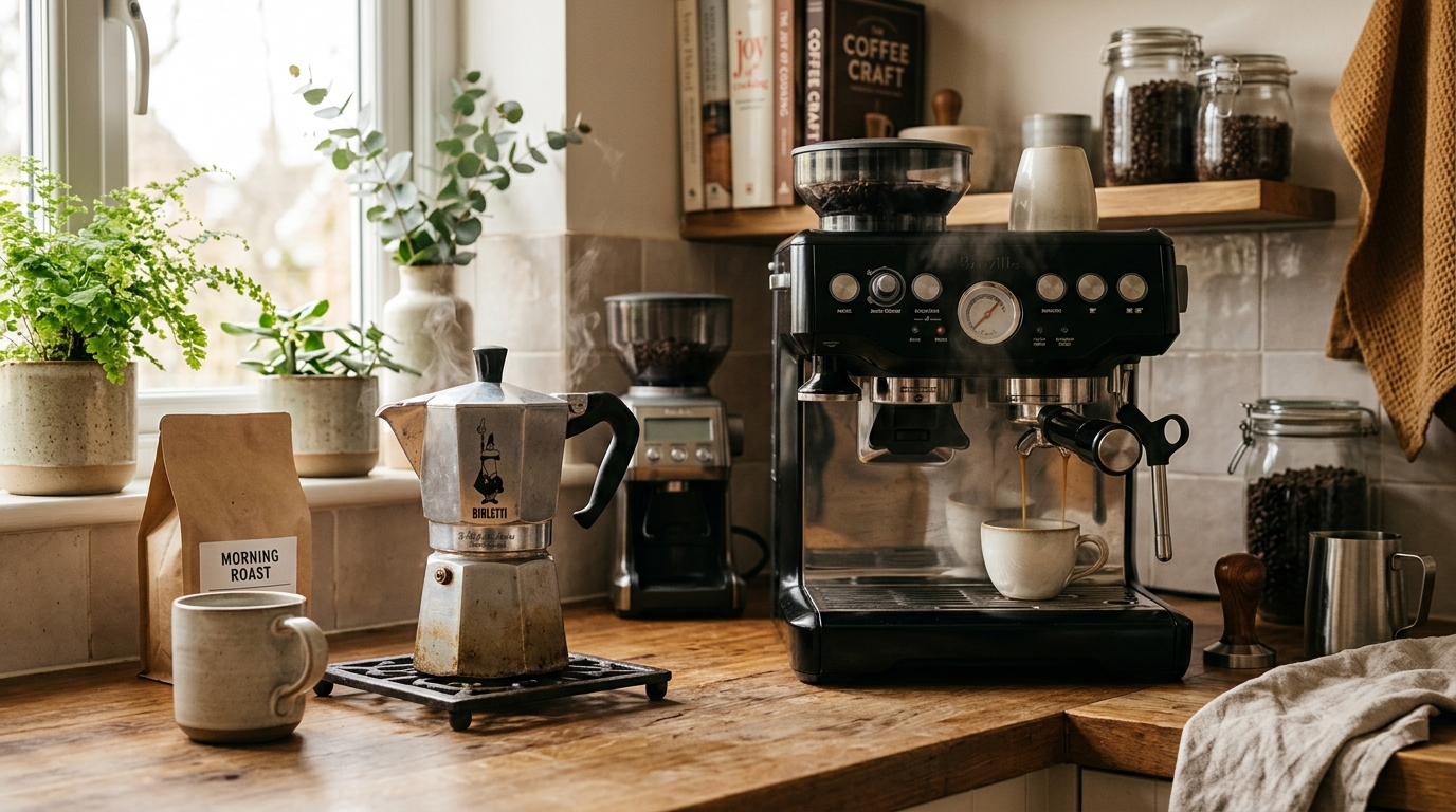 A Bialetti moka pot on a gas stove next to a home espresso machine pulling a shot into a ceramic cup