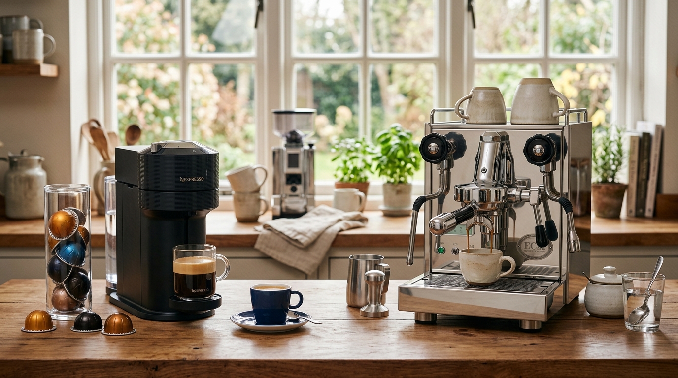 A Nespresso Vertuo Next capsule machine next to a Gaggia Classic Pro espresso machine on a kitchen counter with a portafilter and espresso cups