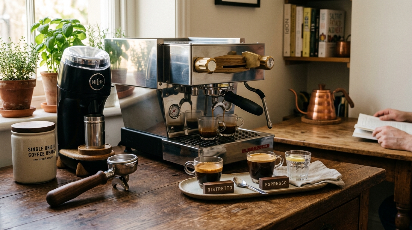Two small espresso cups side by side, one with a short ristretto shot and one with a standard espresso, on a white marble surface
