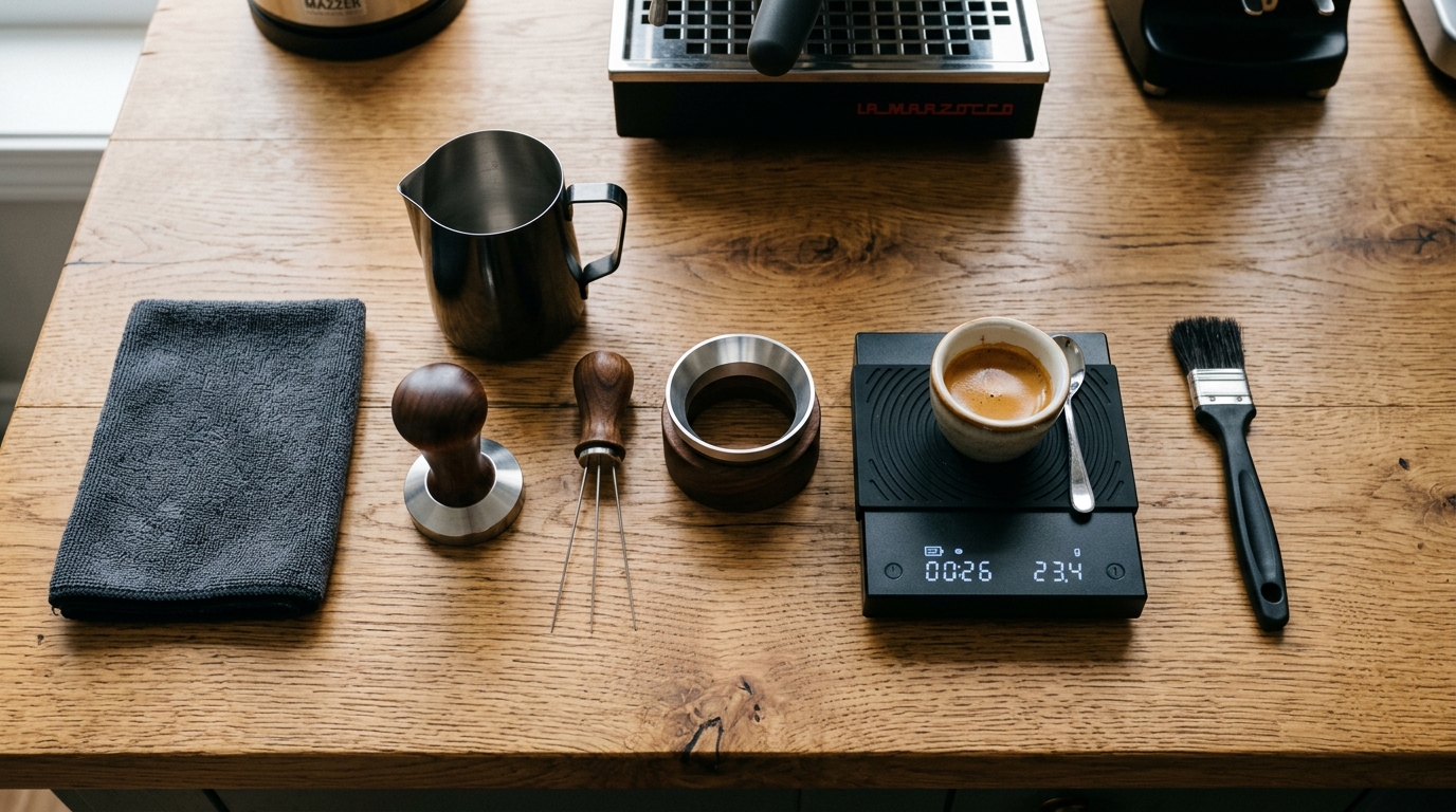 Flat lay of espresso accessories: tamper, distribution tool, milk pitcher, scale, microfiber cloth, group head brush