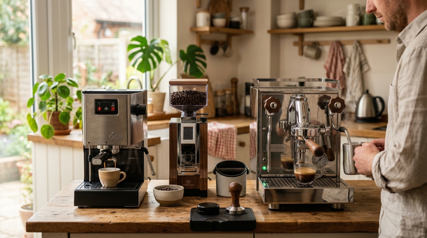 A single boiler espresso machine and a dual boiler espresso machine side by side on a kitchen counter with coffee cups and a portafilter