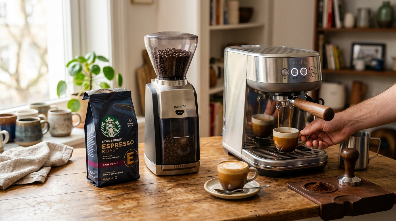 Whole bean dark roast coffee in a portafilter basket with a Starbucks coffee bag beside a home espresso machine on a kitchen counter
