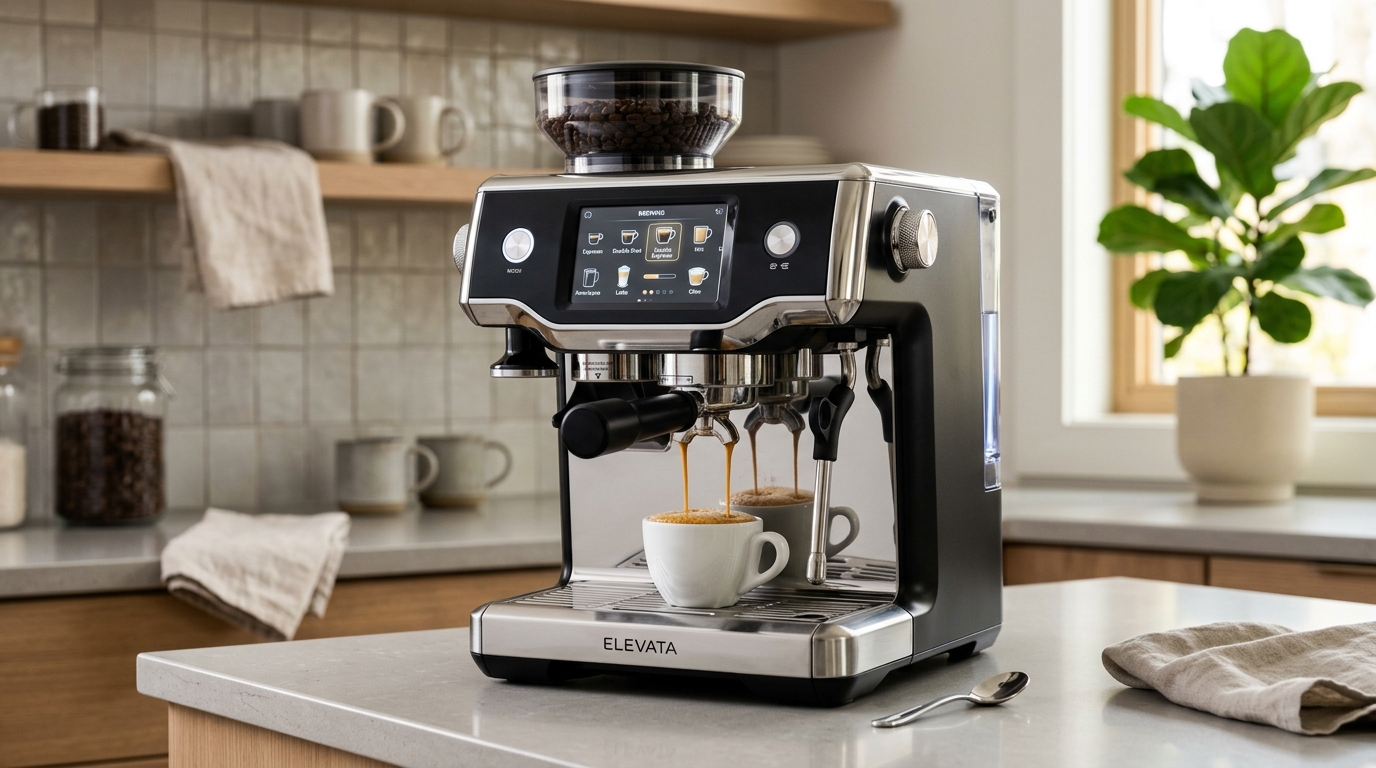 A high-end super-automatic espresso machine on a kitchen counter dispensing a cappuccino into a ceramic cup, with the integrated milk system visible