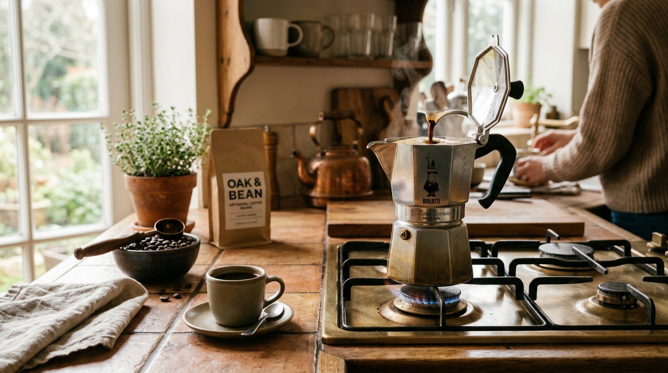 Bialetti Moka Express stovetop espresso maker on a gas burner beside a demitasse cup of freshly brewed coffee on a marble kitchen counter